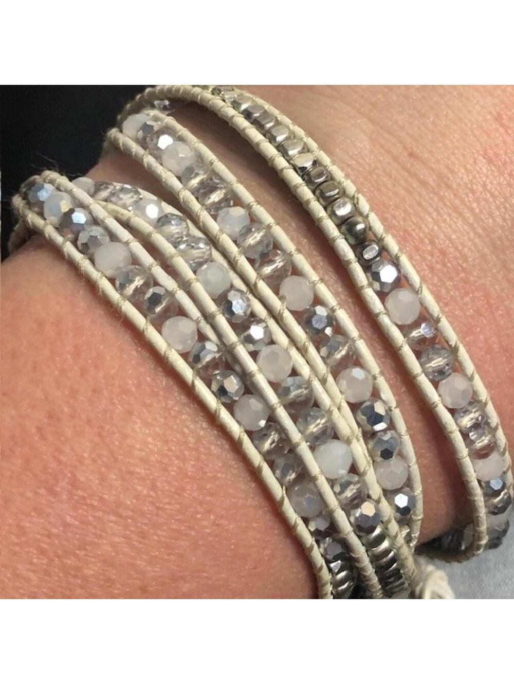 B0468 Nakamol Wrap Bracelet White Leather Clear Faceted Glass Beads 34"